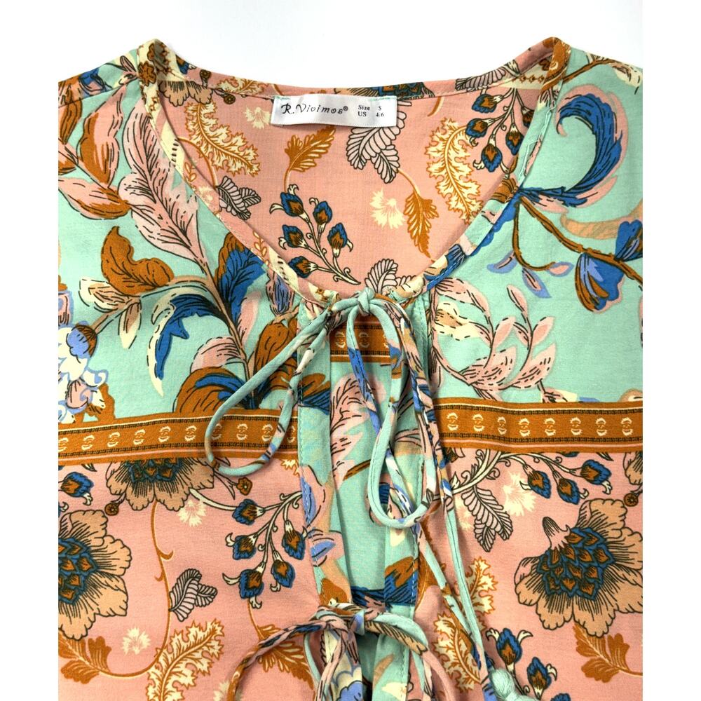 R.Vivimos sage and peach Sz 6 floral boho long-sleeve midi dress - Picture 8 of 13